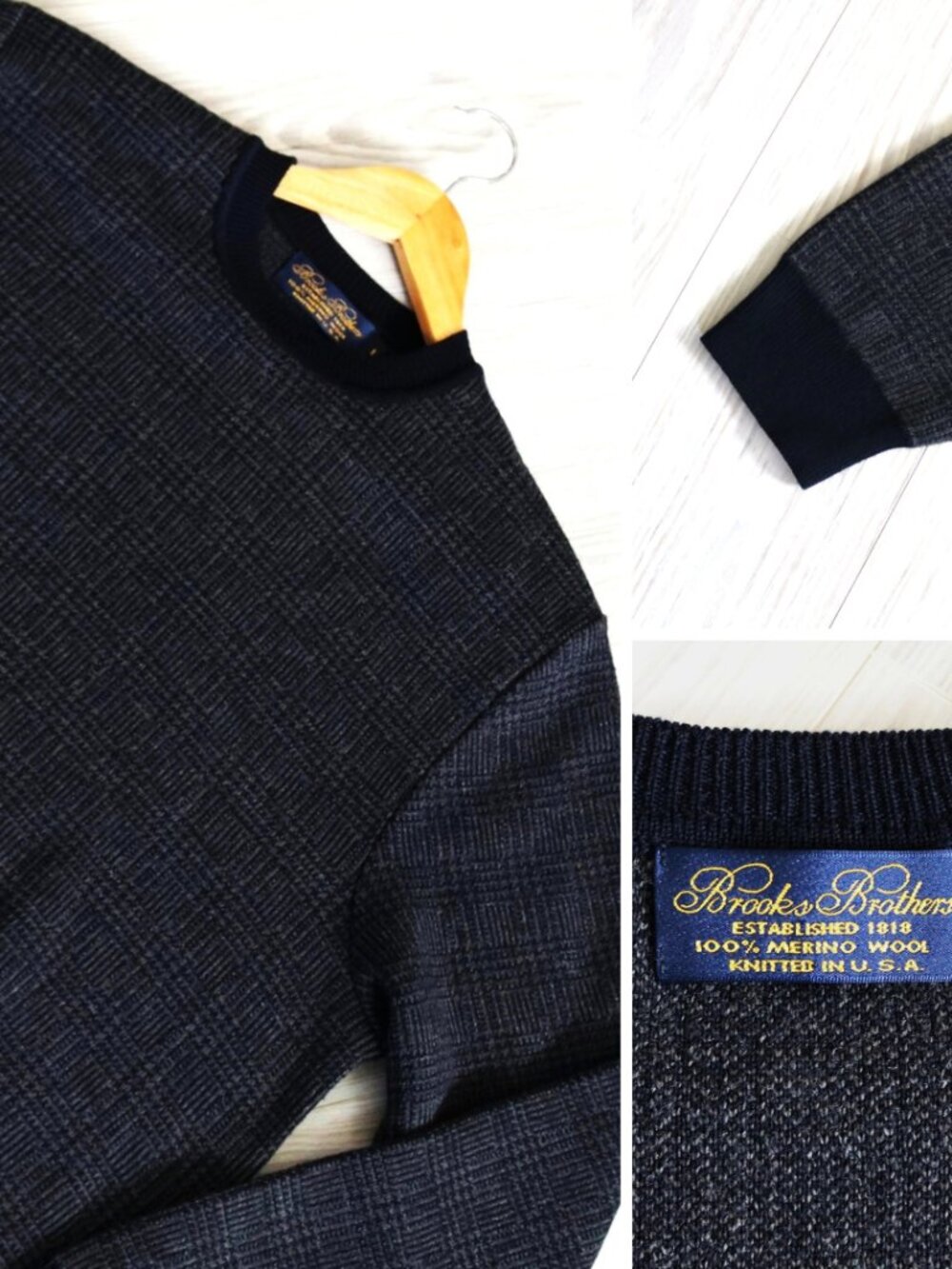 Brooks Brothers Men's L Gray Merino Wool Windowpane Houndstooth Sweater Vintage